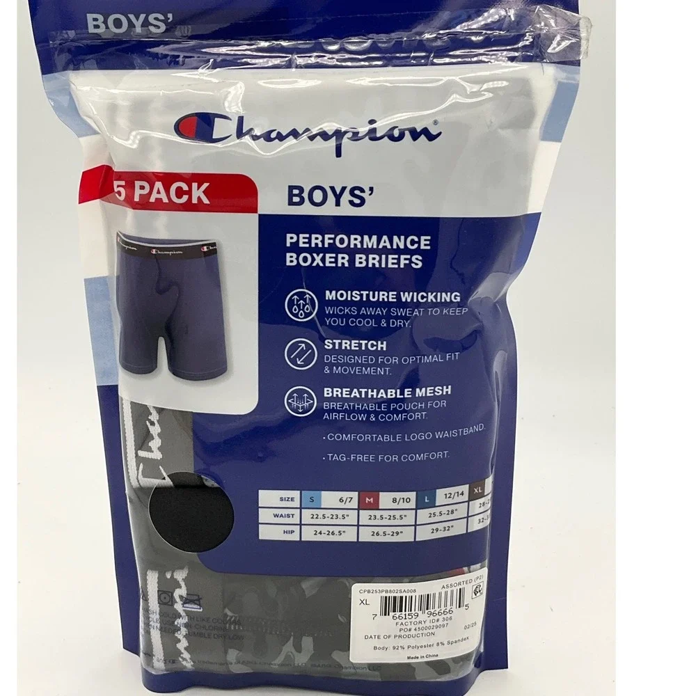 Champion Boys 5 Pack Performance Boxer Briefs XL 16 Blue Grey Camo
